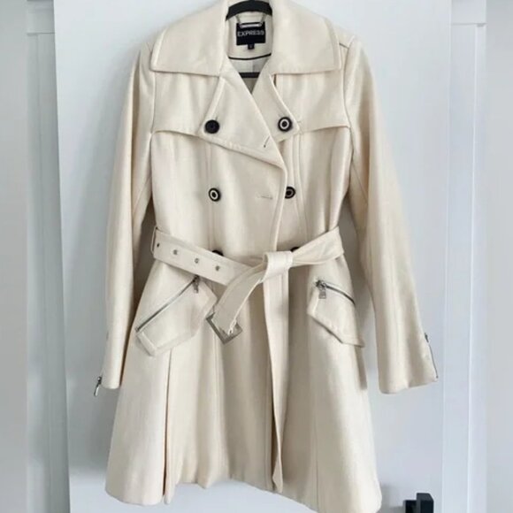 Express White Double Breasted Belted Pea Coat - Picture 1 of 5
